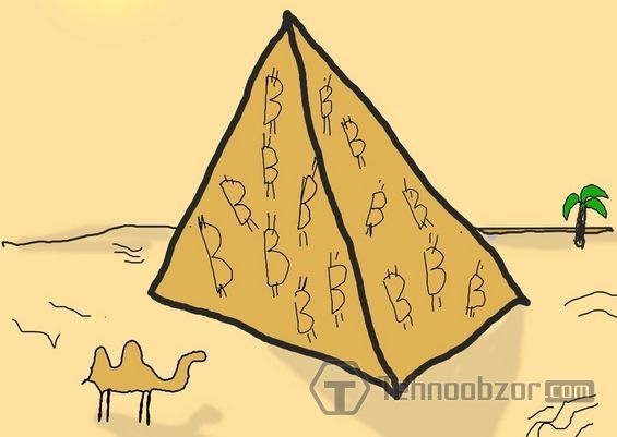 Малюнок піраміди, покритої значками біткоіни