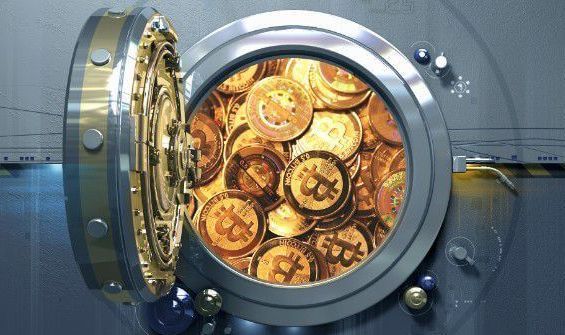 Графічне зображення сейфа, заповненого монетами Bitcoin