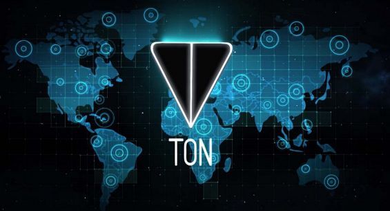 Емблема блокчейна TON на тлі карти світу