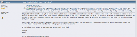 Повідомлення на форумі з проханням купити піцу за біткоіни
