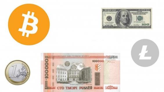 Значок біткоіни, Лайткоіна, доларова банкнота, купюра білоруського рубля і монета номіналом 1 євро