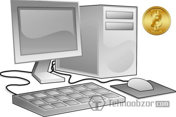 Малюнок персонального комп'ютера і монети біткоіни