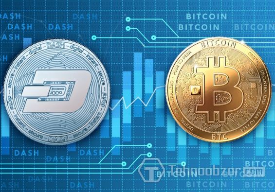 Монети Dash і Bitcoin на тлі цифрового графіка