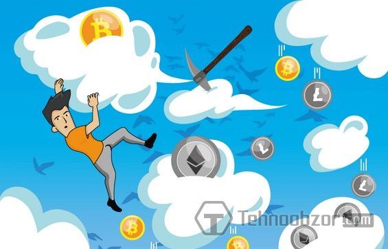 Малюнок хлопця, що збирає криптовалюта на хмарах
