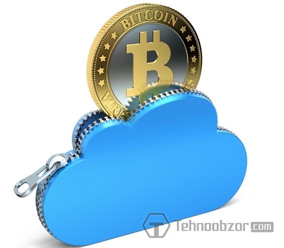 Монета Bitcoin в гаманці у вигляді хмари