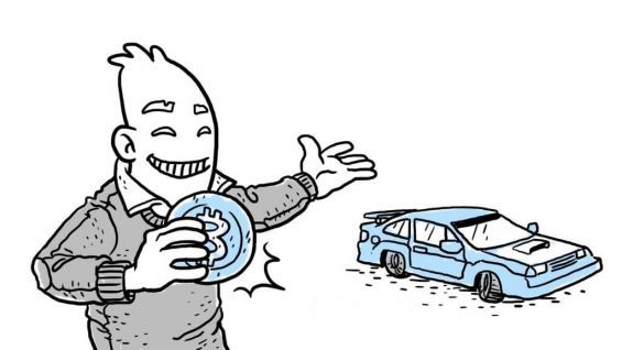Малюнок людини, яка купила автомобіль за біткоіни