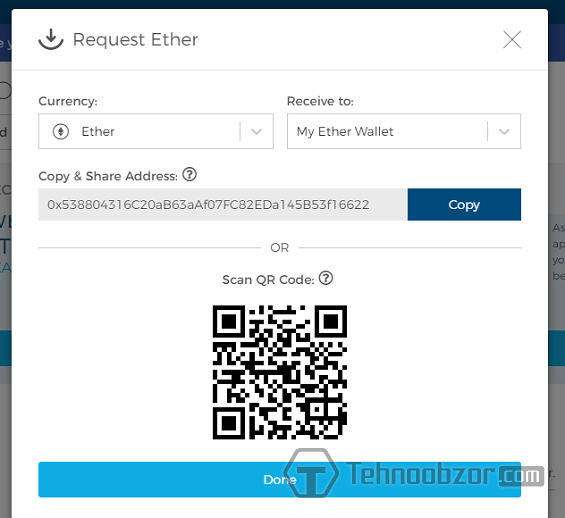 Адреса Ефіріум-гаманця на сайті blockchain.com