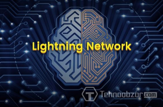 Напис Lightning Network на тлі цифрового зображення мозку