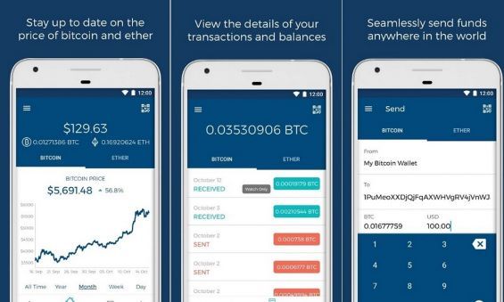 Програма Blockchain Bitcoin & Ether Wallet на екрані смартфона