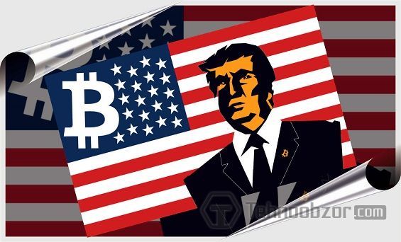 Прапор США, Трамп і логотип Bitcoin