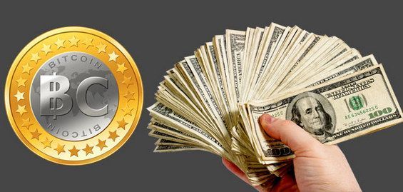 Значок криптовалюта Bitcoin і безліч доларових купюр