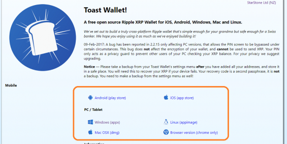 Інтерфейс офіційного сайту Ріппл-гаманця Toast