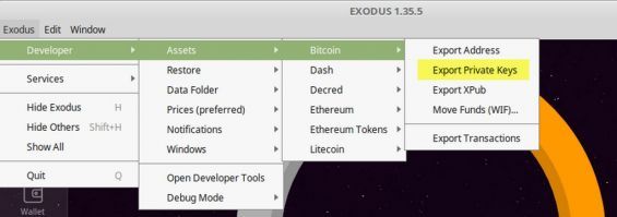 Копіювання приватного ключа з гаманця Exodus