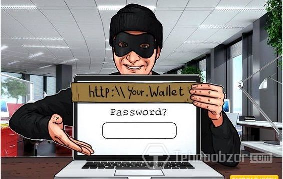 Шахрай з комп'ютером пропонує ввести пароль від гаманця біткоіни