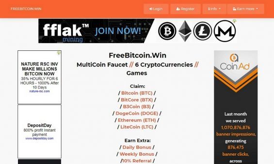 Головна сторінка крана Freebitcoin.win